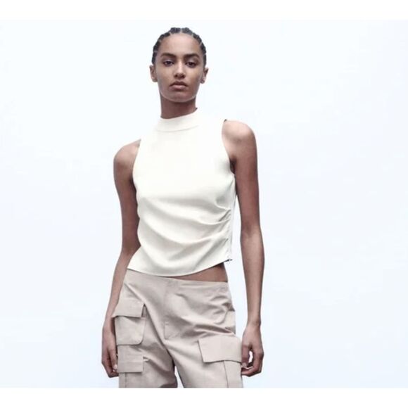 Zara Sleeveless Side Ruched Tank Top Blouse Cream White Size Extra Large - Picture 1 of 6